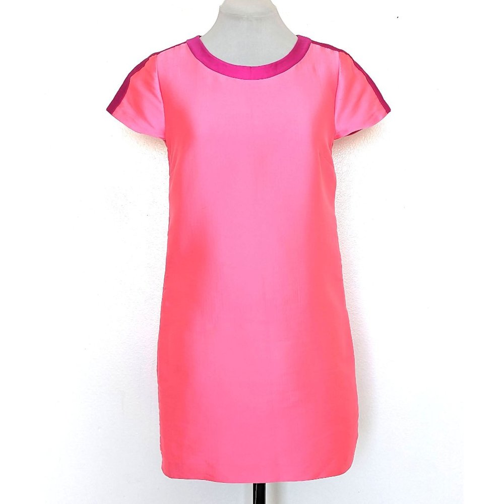 J.Crew Duotone Neon Pink Fuchsia Shiny Satin Short Sleeves Mod Mini Dress